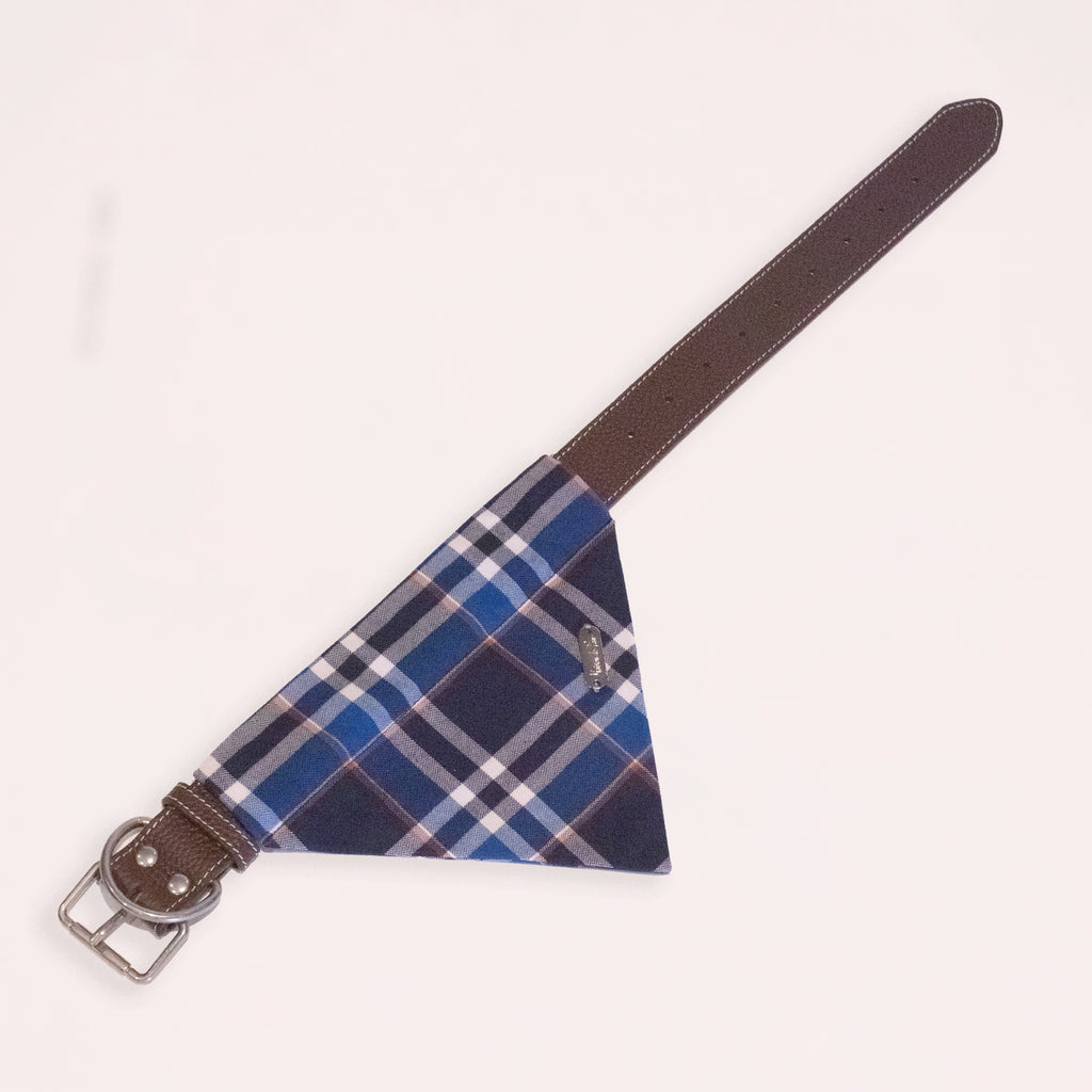 Brown Leather Collar with Bandana for Large Pet - - The Open Sea Blue