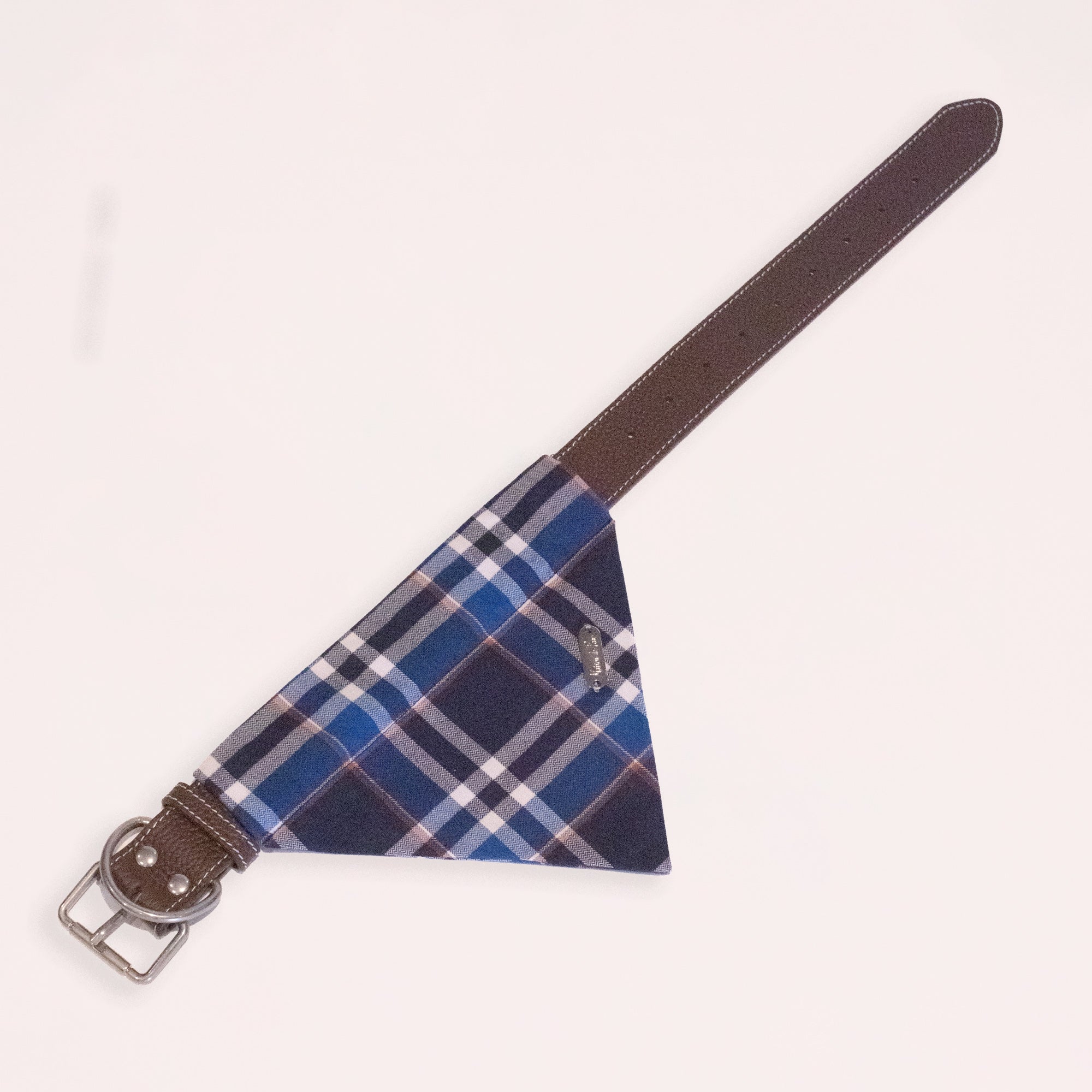 Brown Leather Collar with Bandana for Large Pet - - The Open Sea Blue