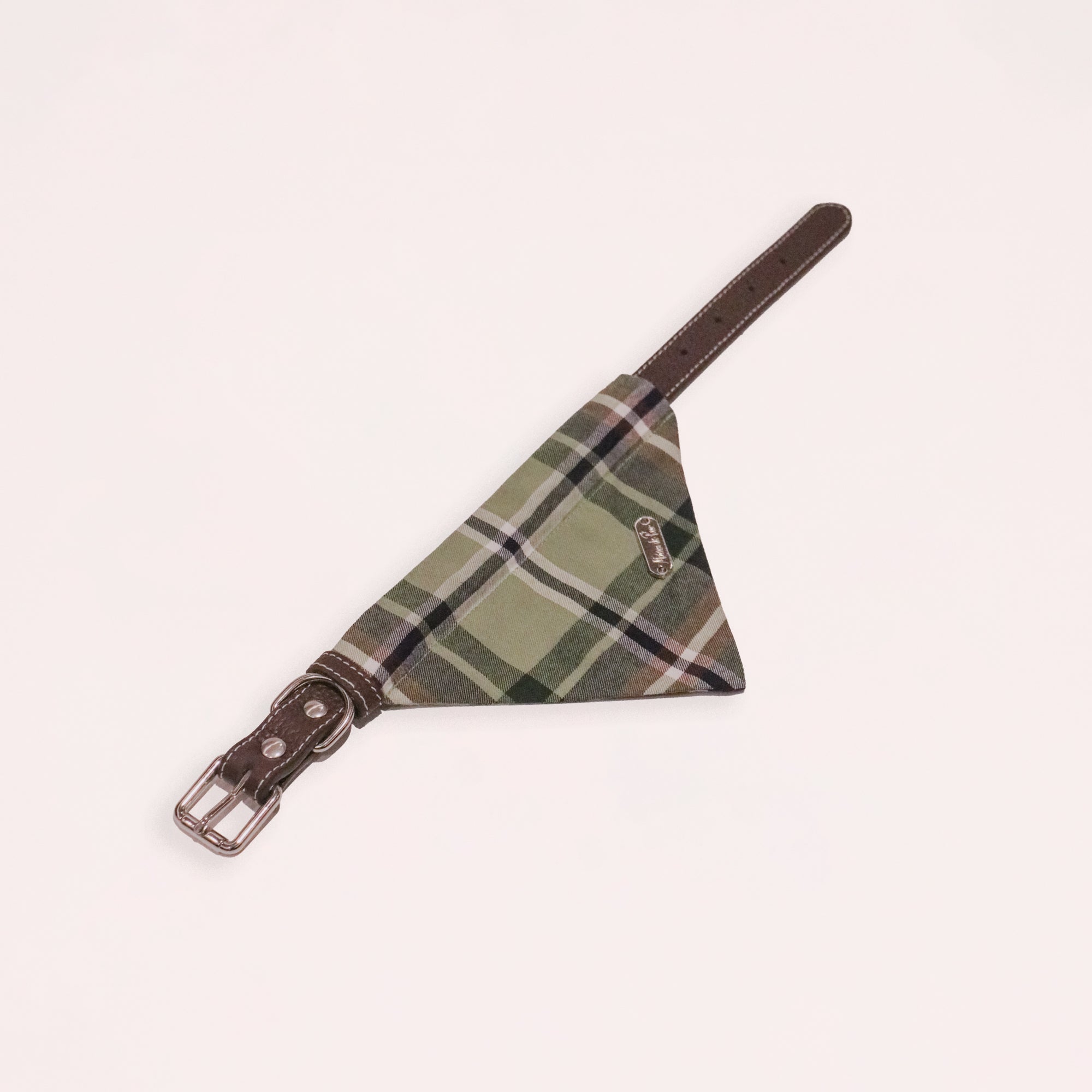Brown Leather Collar with Bandana for Medium Pet - Moss Beneath the Pines Green